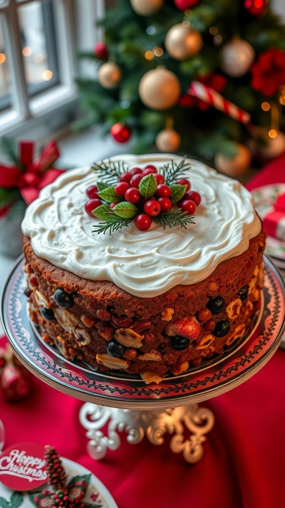 A large traditional Christmas cake with icing and festive decorations on a cake stand.